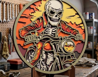 3D Skeleton on Moto SVG: Multilayer Cut File Cricut&Glowforge, Shadow Box, Laser cut
