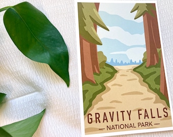 Forest Road Gravity Falls National Park - Mini Art Print | Cartoon, esthetiek, stijl, tekenen
