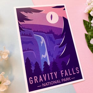 Purple Gravity Falls National Park - Mini Art Print | Cartoon, Aesthetic, Style, Drawing