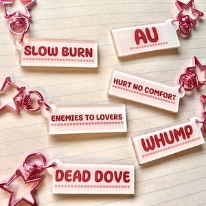 May include: Keychains with pink star-shaped clasps and rectangular acrylic tags. Each tag has a different phrase in red, including "SLOW BURN," "AU," "HURT NO COMFORT," "ENEMIES TO LOVERS," "WHUMP," and "DEAD DOVE."