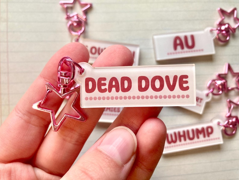 May include: A clear acrylic keychain with the words "DEAD DOVE" in red letters. The keychain has a pink star-shaped clasp and a pink star charm. Other keychains with text are visible.