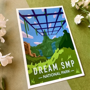 May include: A colourful illustration of a national park called "Dream SMP - National Park". The image features a blue sky with a grid-like structure overhead, green hills, and a dark green figure standing on a hill.