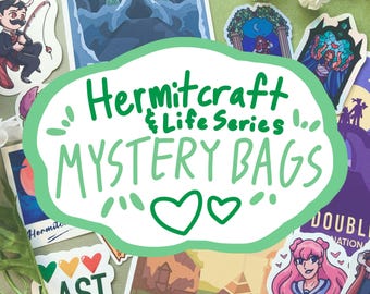 May include: A green and white sticker with the text "Hermitcraft & Life Series Mystery Bags" with hearts on the bottom. The sticker is surrounded by other stickers with various designs, including a cartoon character fishing, a skull, a castle, and a person with pink hair.