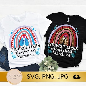 Può includere: Due design di magliette con un arcobaleno con un cuore e i polmoni al centro. Il testo "TUBERCULOSIS *awareness* March 24" è presente su entrambe le magliette. Una maglietta è bianca e l'altra è nera.