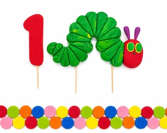 Very Hungry Caterpillar Cake Topper | First Birthday Cake Decorations | Hungry Caterpillar Fondant Topper Set | Eric Carle Party Decor