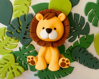 Edible Fondant Lion & Jungle Leaves Cake Topper Set