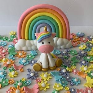 Juego de decoración para tartas con forma de unicornio, arcoíris y flores en fondant