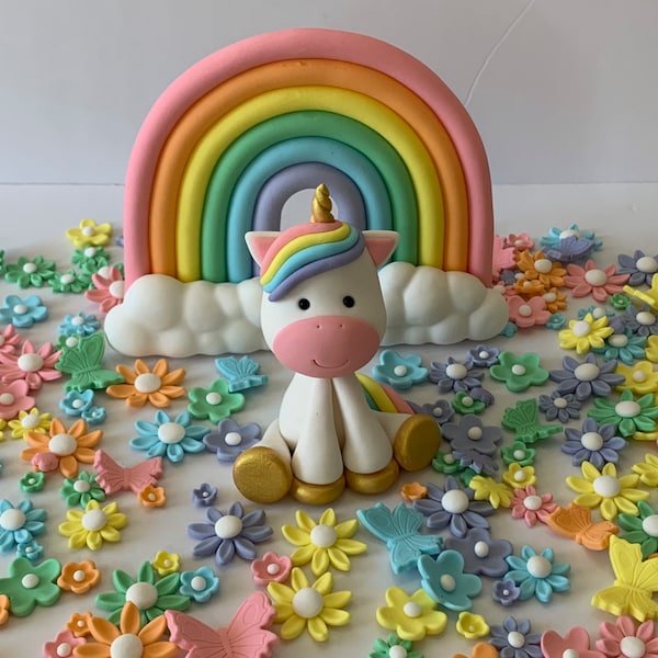 Fondant Pastel Unicorn, Rainbow & Flowers Cake Topper Decoration Set