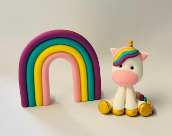 Edible Fondant Unicorn And Rainbow Cake Topper Set