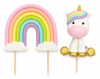 Set de adornos para tarta de unicornio / Decoraciones para tarta arcoíris / Adorno de unicornio de fondant para tarta / Decoración para fiesta de cumpleaños en tonos pastel