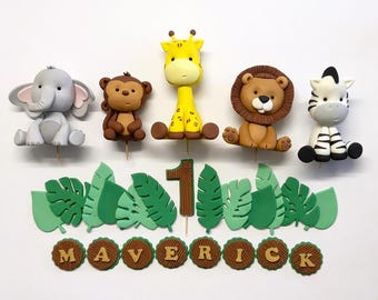 Jungle Safari Cake Topper Set – Edible Fondant Lion, Animals, Name & Number – 1st Birthday Cake Decorations