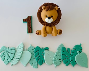 Set di decorazioni per torta con leone di fondente commestibile, foglie della giungla e numeri personalizzati