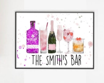 Alcohol Personalised Sign Custom Made Alcohol Bar Sign, Home bar, kitchen print , Glass, Bottle, Cocktail Kitchen, Dining Bar Gift Prints