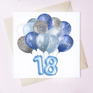 Personalisierte Blue Age Karte, quadratische Karte, sein Geburtstag, blaue Ballon-Themakarte, personalisierte Karte, blauer Geburtstag, Alterskarte, Namenskarte