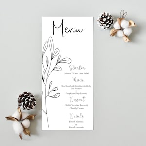 Menú de boda, menú de restaurante, menú de pub, gama Clio, floral, minimalista botánico, papelería temática, evento, menú de mesa, personalizado, IMPRESO