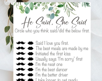 He Said She Said, Hen Party Game Card, Hen Party, RHEA Range Accessories Keepsake Gift Hen Party Games Botanical  Bride To Be