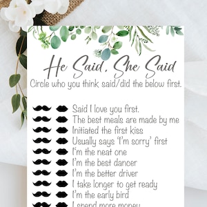 Hen Party Games He Said She Said Game Card Hen Party RHEA Range Accessories Keepsake Gift Hen Party Games Botanical Bride To Be image 1