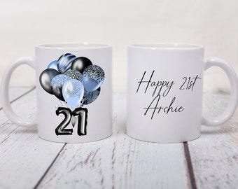 Personalised 18th, 21st, 30th Blue & Black Balloon Mug, His Birthday, Blue Balloon Theme Mug, Personalised Mug,Birthday, Age Mug,Name  Mug