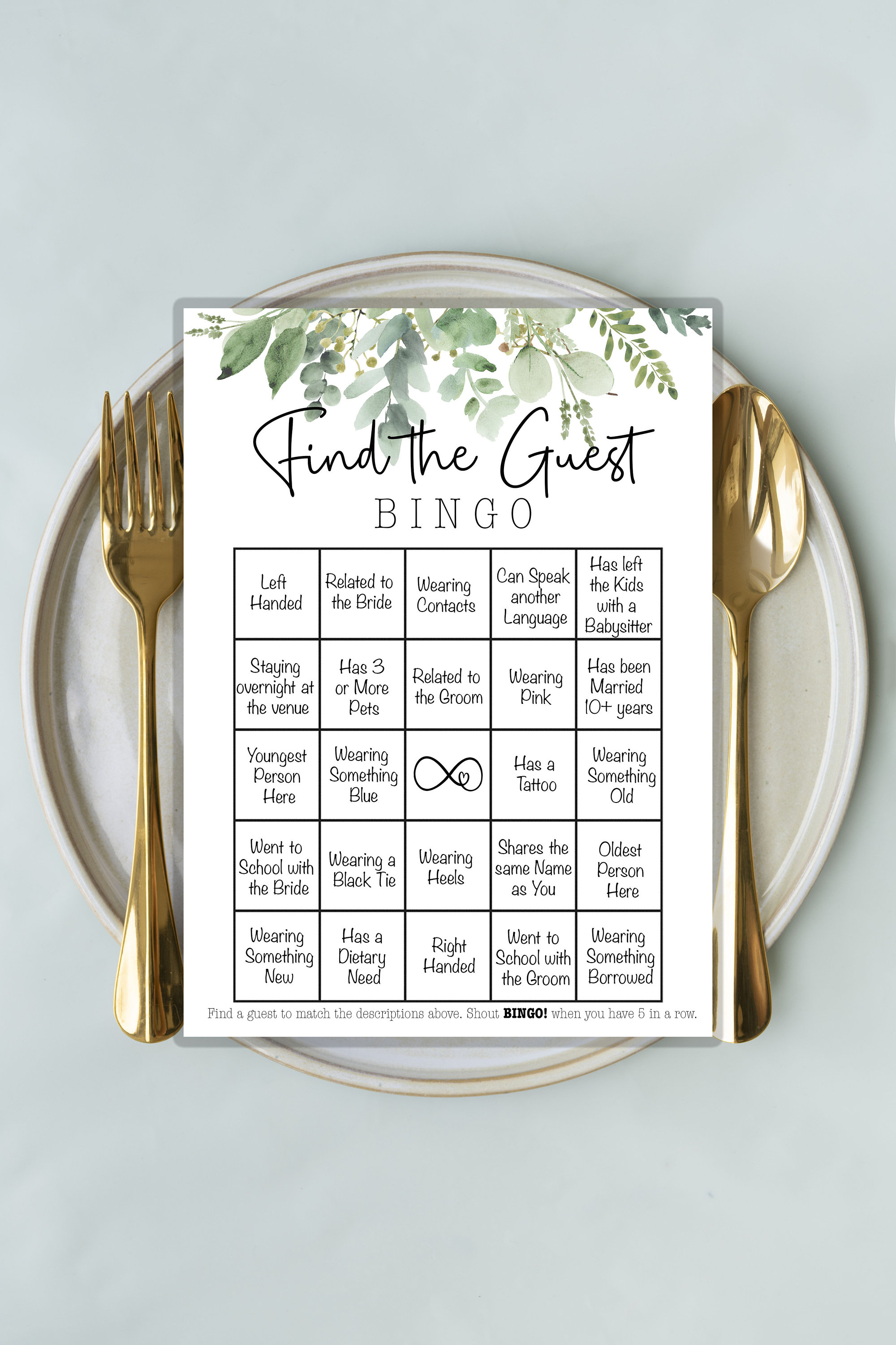 Find the Guest Bingo, Find the Guest Wedding game, PK 10 Find The Guest Bingo, RHEA Greenery Bridal Shower Games