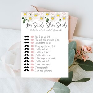 Jeux de fête de poule, il a dit qu’elle a dit carte de jeu Hen Party DAISY Range Accessoires Cadeau Souvenir Poule Jeux de fête botanique Mariée à être
