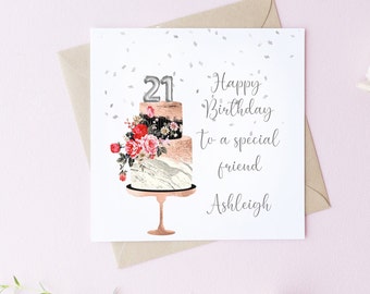 6X6 Personalised Rose Gold Age Theme Cake Card, Her Birthday, Age Card, Birthday Day Cake Card, Personalised Name Card, Chic Birthday