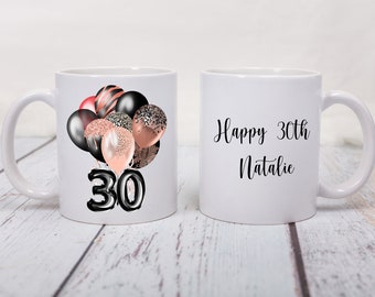 Personalised 18th, 21st, 30th Black & Rose Mug, Her Birthday, Black Animal Balloon Theme Mug, Personalised Mug,Birthday, Age Mug,Name  Mug