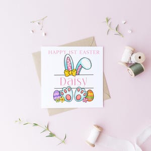 Biglietto di Pasqua personalizzato per la prima volta / Ricordo di Pasqua personalizzato per neonati / Biglietto con orecchie da coniglio e impronta di zampa / Regalo di Pasqua per neonati 6x6 / Biglietto di Pasqua con nome del neonato