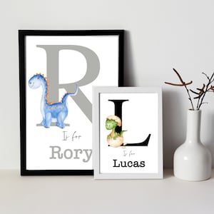 Dinosaurio personalizado, impresión de letra inicial, arte de pared para guardería, arte para guardería, impresión con nombre de bebé niño, impresión para dormitorio de niño pequeño, impresión de dinosaurio, dinosaurio