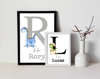 Personalised Dinosaur, Initial Letter Print, Nursery Wall Art, Nursery Art, Baby Boy Name Print, Little Boy Bedroom Print, Dino Print, Dino