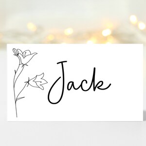 Configuración del nombre, Nombre del lugar, Gama Clio, Floral, Botánico Minimalista A7 Tarjetas de nombre planas, Papelería de boda, Evento, Personalizado, Nombre impreso
