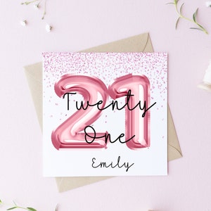 Cartão de idade personalizado 6X6, cartão de aniversário com tema de balão rosa, cartão de visita, cartão de idade, 18, 21, 30, aniversário dela, cartão de aniversário personalizado