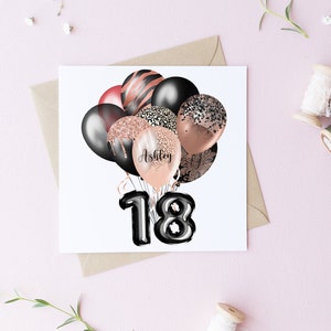 Biglietto d'auguri personalizzato per età, biglietto quadrato, suo compleanno, stampa animalier nera, biglietto a tema palloncino, biglietto personalizzato, biglietto per l'età, biglietto per il nome