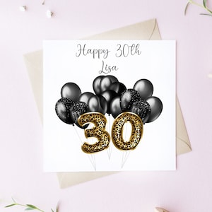 Carte d'anniversaire carrée personnalisée à motif léopard et thème noir, carte d'âge, anniversaire, carte à thème ballon, carte personnalisée, carte d'âge