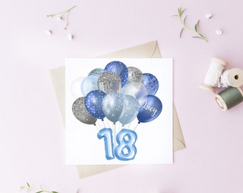 6X6 Personalised 18th, 21st, 30th, His l Her  Birthday, Blue Balloon Theme Card, Personalised Card, Blue Birthday, Age Card, Name Card