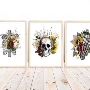 Gothic Floral Skeleton Trio Prints, Punk, SteamPunk,Skull, Gothic Rose,Gothic Print, Rustic Gothic Home, Goth Skull Theme, Skull Art