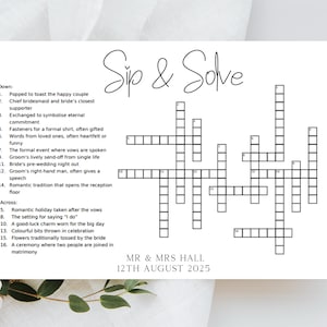 Sip & Solve Hochzeitskreuzworträtsel - Personalisiert oder Standard | Elegantes Hochzeits-Tischspiel | Individuelles Gäste-Unterhaltung