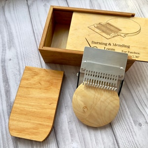 Darning&Mending loom in wooden box with round and rectangular wooden platform for  patching holes 3.35”x2.95”, Speedweve loom for darning