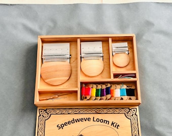 Set of 3 darning loom in wooden box + darning threads + needles, Speedweve 14, 21, 28 hooks for visible mending and patches