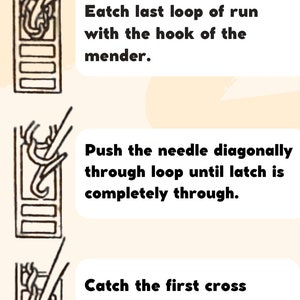 May include: A diagram showing how to mend a run in a stocking using a needle and hook. The steps are illustrated with black and white drawings. The text reads: "Eatch last loop of run with the hook of the mender." "Push the needle diagonally through loop until latch is completely through." "Catch the first cross thread with the hook of the needle." "Draw the cross thread through the loop proceed as in Step 2."