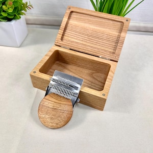 Könnte beinhalten: Holz-Spieluhr mit offenem Deckel, die einen Metallkamm und eine Holzscheibe zeigt. Die Box ist aus hellem Holz gefertigt. Eine kleine grüne Pflanze in einem weißen Topf befindet sich im Hintergrund.