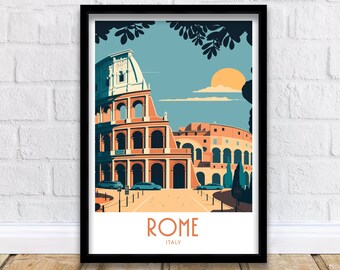 May include: A vintage travel poster featuring a colorful illustration of the Colosseum in Rome, Italy. The poster has a blue sky with white clouds and a yellow sun. The text "ROME" and "ITALY" is printed in a retro font.