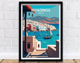 Puede incluir: Un cartel de viaje vintage con una ilustración colorida de Mykonos, Grecia. El cartel muestra una vista de la ciudad desde una azotea, con edificios blancos, agua azul y un velero en el puerto. El texto "Mykonos, Grecia" está impreso en negrita en la parte superior del cartel.