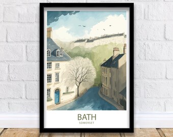 May include: A watercolor illustration of a street scene in Bath, Somerset. The image features a narrow street with buildings on either side, a small tree in the center, and a blue sky with white clouds. The text "BATH SOMERSET" is printed at the bottom of the image.