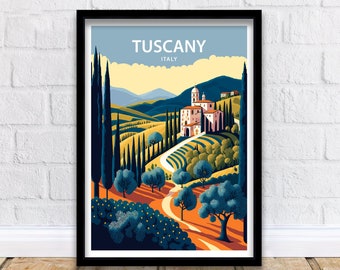 May include: A vintage travel poster with a colorful illustration of a Tuscan landscape. The poster features a pink building with a terracotta roof, cypress trees, and a winding road leading up to the building. The text "Tuscany, Italy" is printed at the top of the poster.