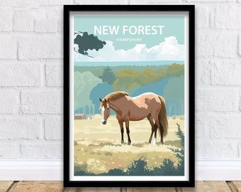 Nieuwe bos kunstprint | Nieuw Bos | Hampshire | Nationaal Bos | Pony kunstprint | Nieuwe bosprint | Nieuwe bospony's | Nieuwe bosposter