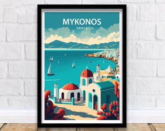 Puede incluir: Una ilustración colorida de Mykonos, Grecia, con una iglesia blanca con techo rojo, agua azul y veleros. El texto "MYKONOS GRECIA" está en la parte superior de la imagen.