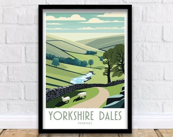 May include: A vintage-style poster with a green, blue, and brown illustration of a winding road through a valley in the Yorkshire Dales, England. The poster has the text "Yorkshire Dales" and "Pennines" in green.