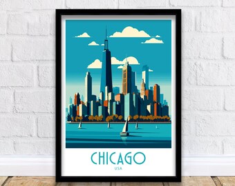 May include: A vintage-style poster with a blue background featuring a cityscape of Chicago, Illinois, USA. The skyline is depicted in a stylized, geometric design with tall buildings and a sailboat in the foreground. The text "CHICAGO USA" is printed at the bottom of the poster.