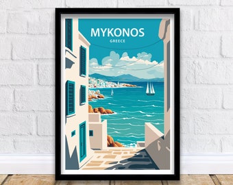 Puede incluir: Un cartel de viaje vintage con una ilustración colorida de una calle estrecha en Mykonos, Grecia. La calle conduce a una vista del mar Egeo con un velero en la distancia. El cartel tiene el texto "Mykonos, Grecia" en la parte superior.