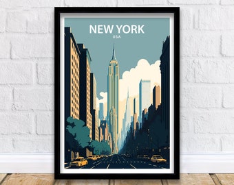 Puede incluir: Un diseño de póster de viaje vintage con una vista de la ciudad de Nueva York, EE. UU. El póster presenta un rascacielos alto en el centro, con otros edificios que bordean la calle. El cielo es azul claro con nubes blancas. El texto "NEW YORK" y "USA" está impreso en blanco en la parte superior del póster.